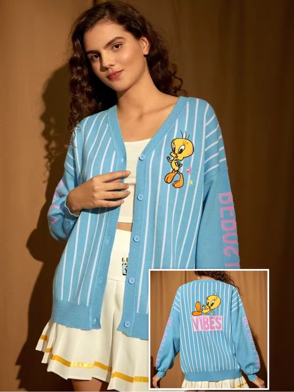 Looney Tunes Tweety Bird Vibes Cardigan Size M Y2K Cartooncore Retro Sweater